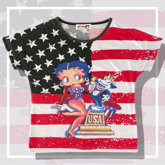 Vintage Betty Boop AOP USA Flag T-shirt 4th July EVC No Size - Picture 1 of 4